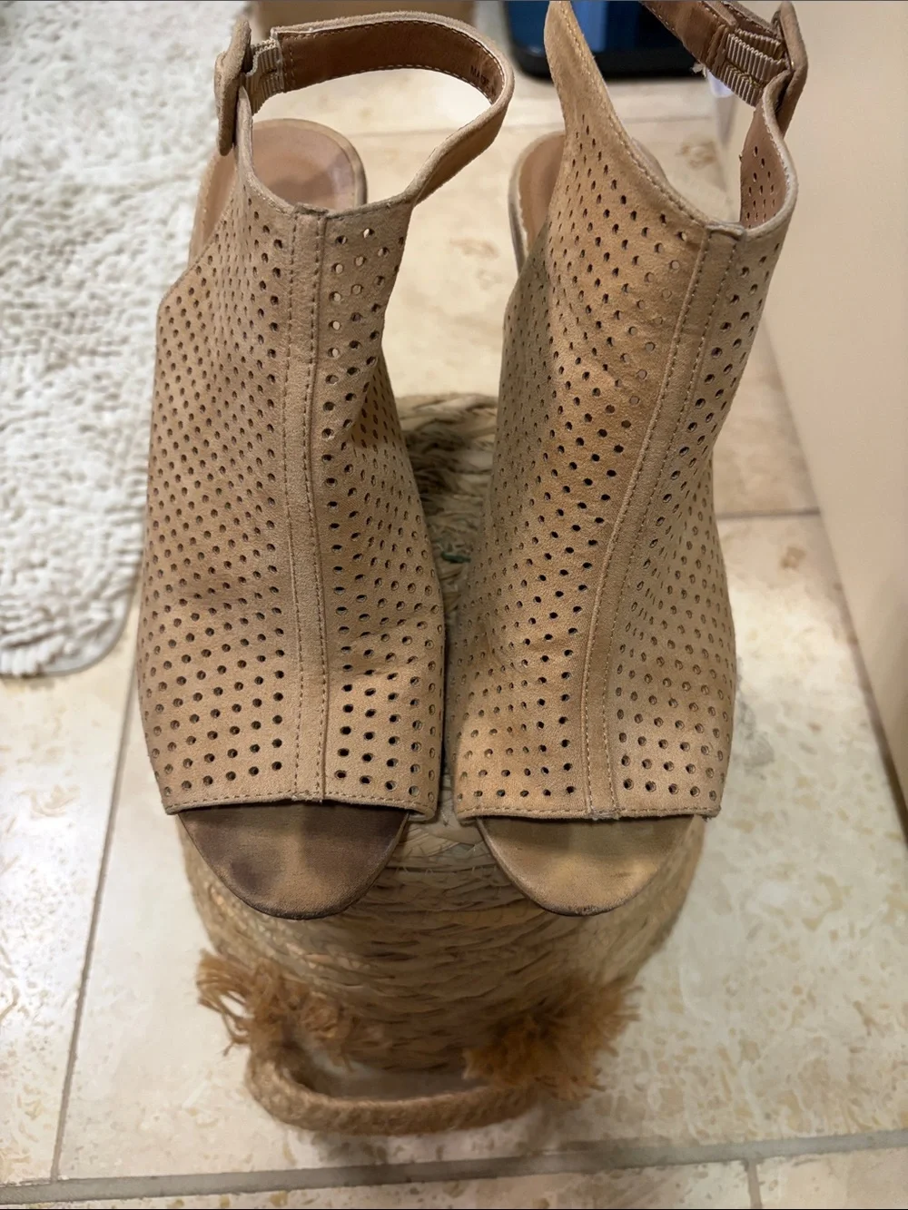 Madden Girl Perforated Tan Open-Toe Wedge Booties